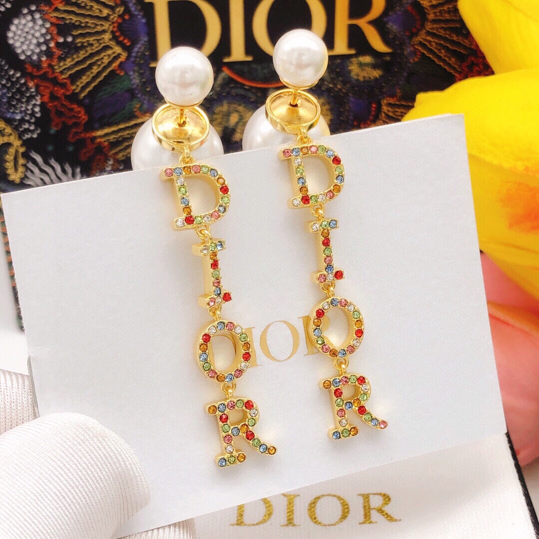18K Dior Color Crystal Script Earrings